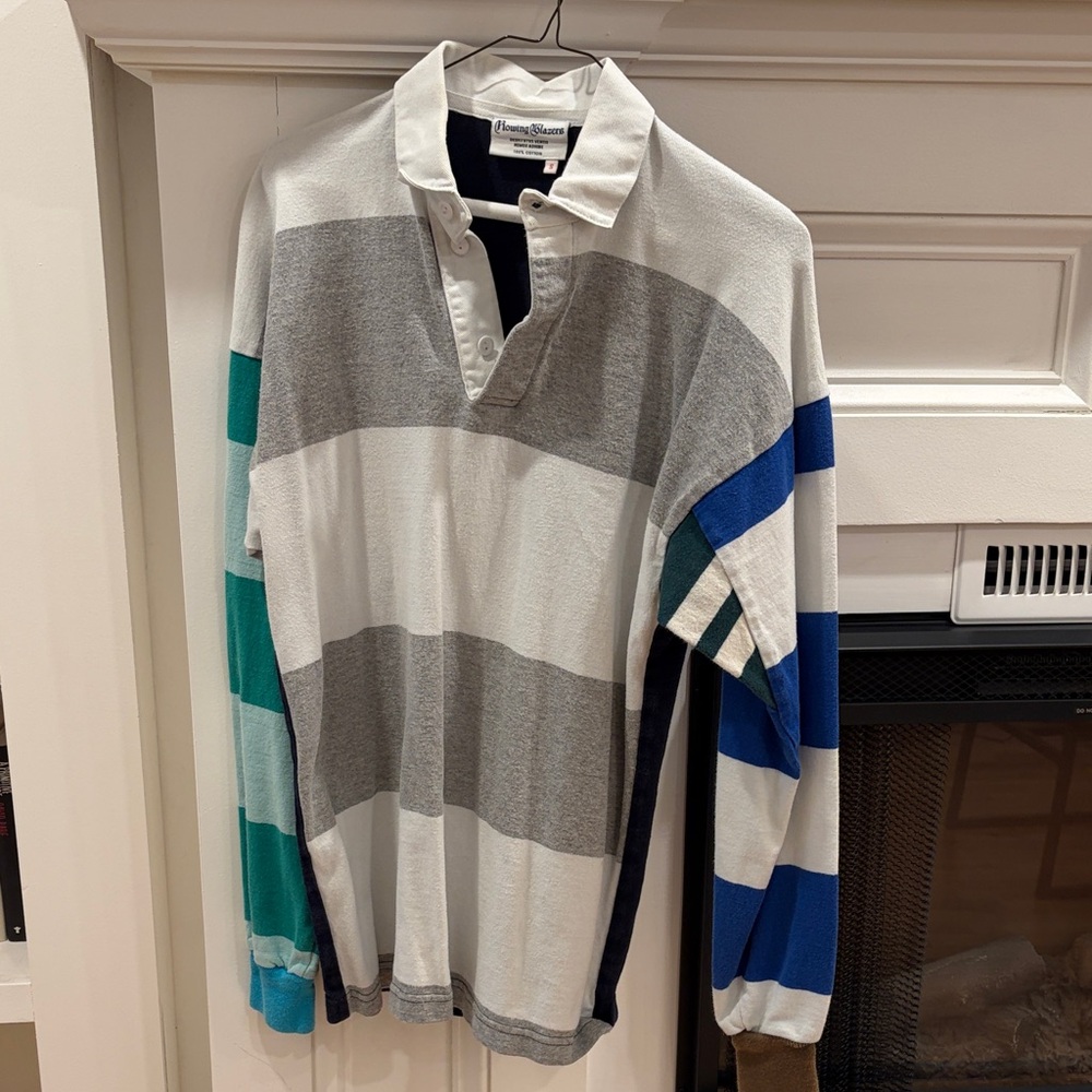 Rowing Blazers Striped Rugby Polo in White, Gray & Blue/Green